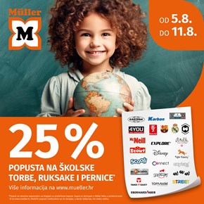Müller: 25%<br/>na školske torbe,<br/>ruksake i pernice